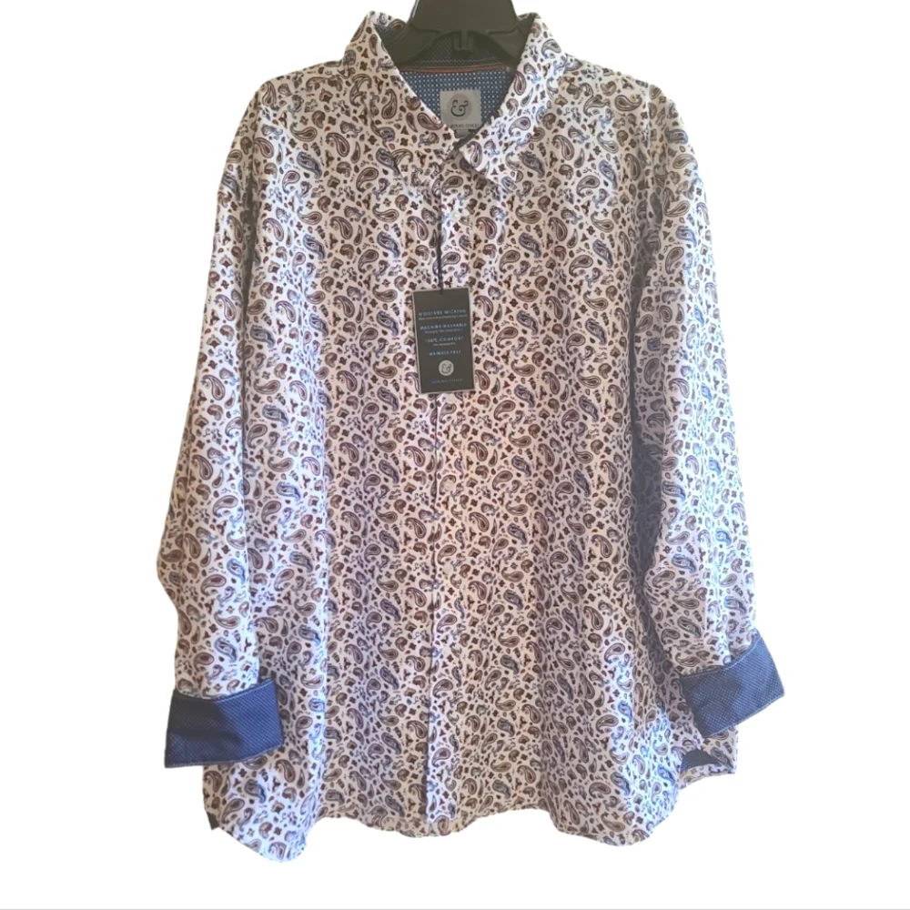 Men's Paisley Dress Shirt - White and Brown - 3XL - Picture 2 of 12
